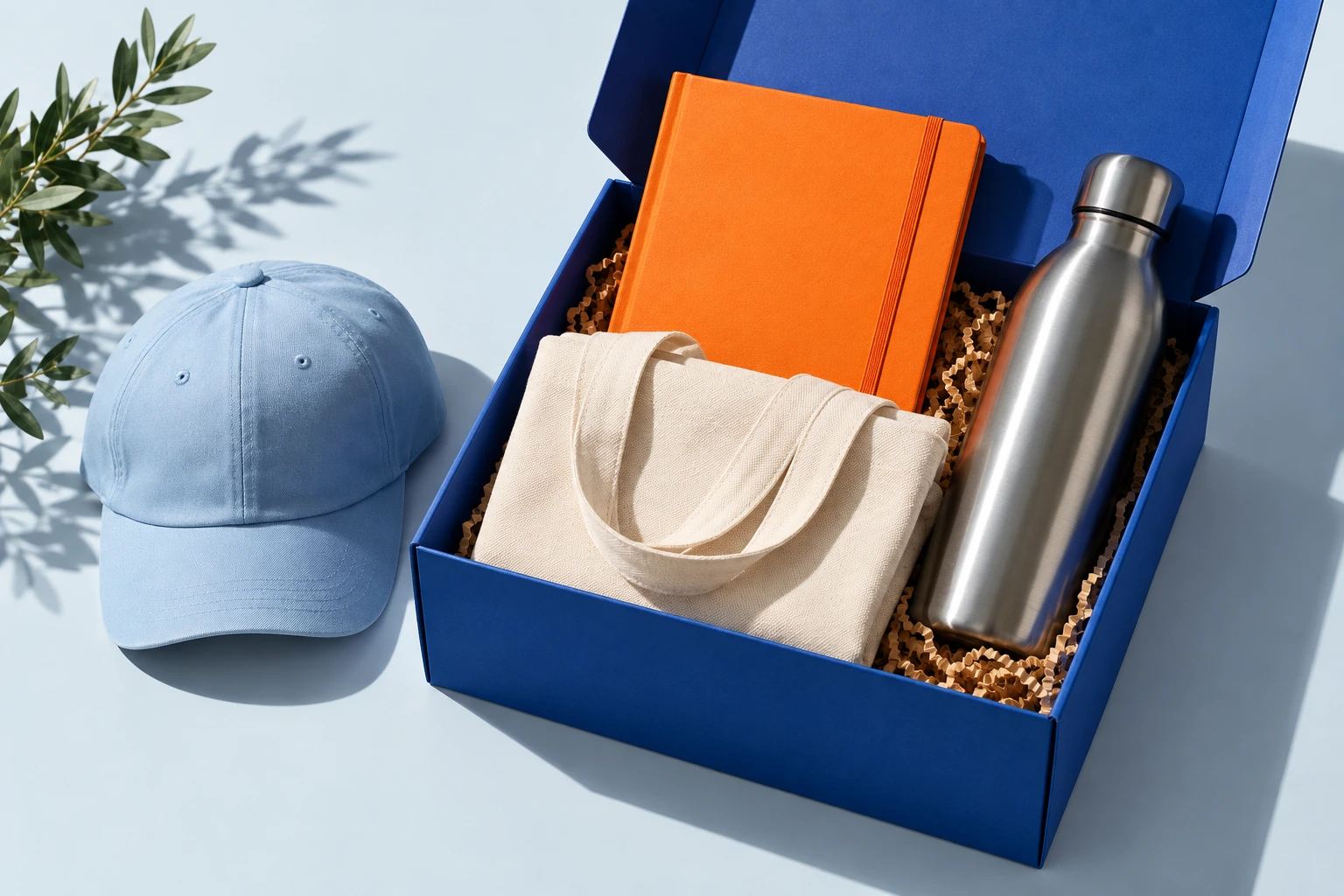 A concept gift kit with a notebook, tote, bottle and cap